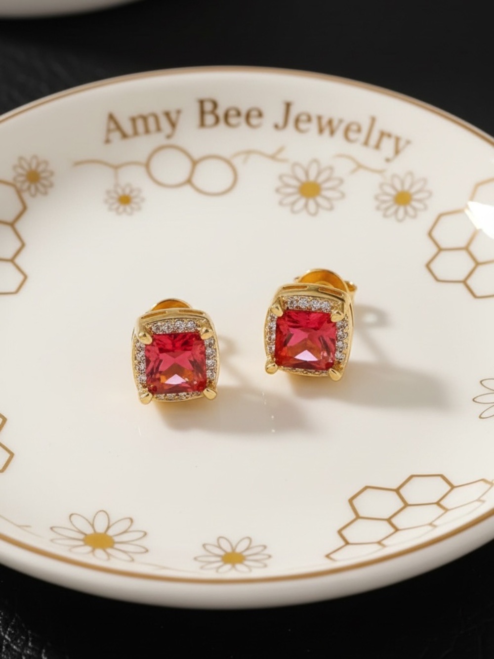 18k Gold Plated Red Ruby CZ Gem Square Stud Earrings. New.